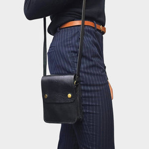 Black Small Leather Crossbody Bag with Pop Bag Closure