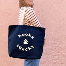 Load image into Gallery viewer, Books &amp; Snacks - Midnight Blue Canvas Tote Bag