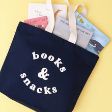 Load image into Gallery viewer, Books &amp; Snacks - Midnight Blue Canvas Tote Bag