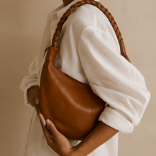 Load image into Gallery viewer, Tan Half Moon Leather Shoulder Bag – Handmade with Braided Handle - BTS CONCEPT STORE
