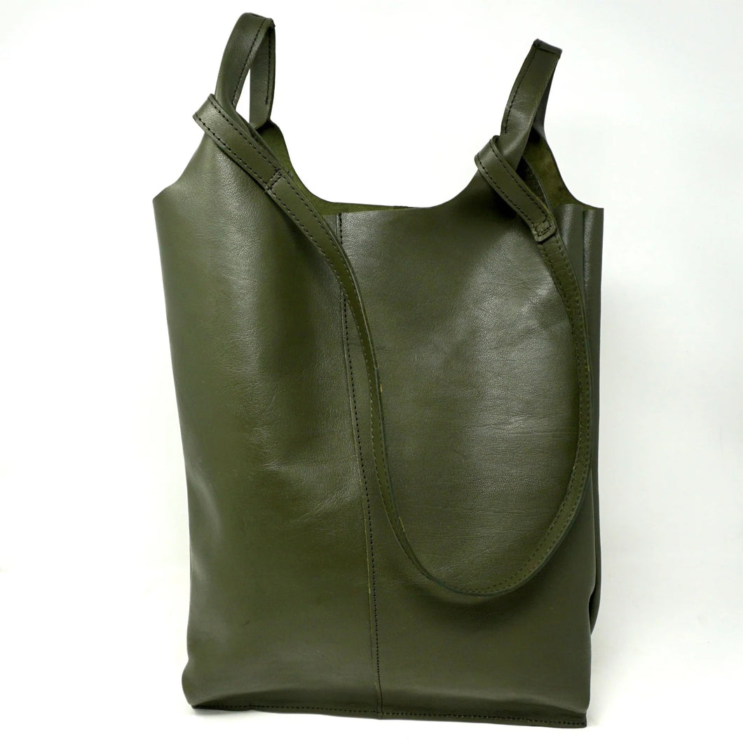 Leather Carrier Tote Bag | Khaki Green