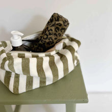 Load image into Gallery viewer, VIC KHAKI + ECRU STRIPE TERRY TOWELLING TOILETRY BAG