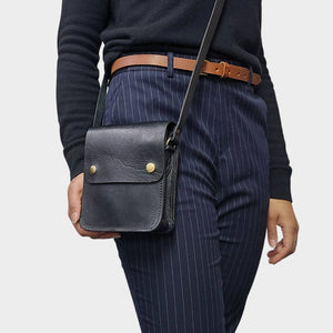 Black Small Leather Crossbody Bag with Pop Bag Closure