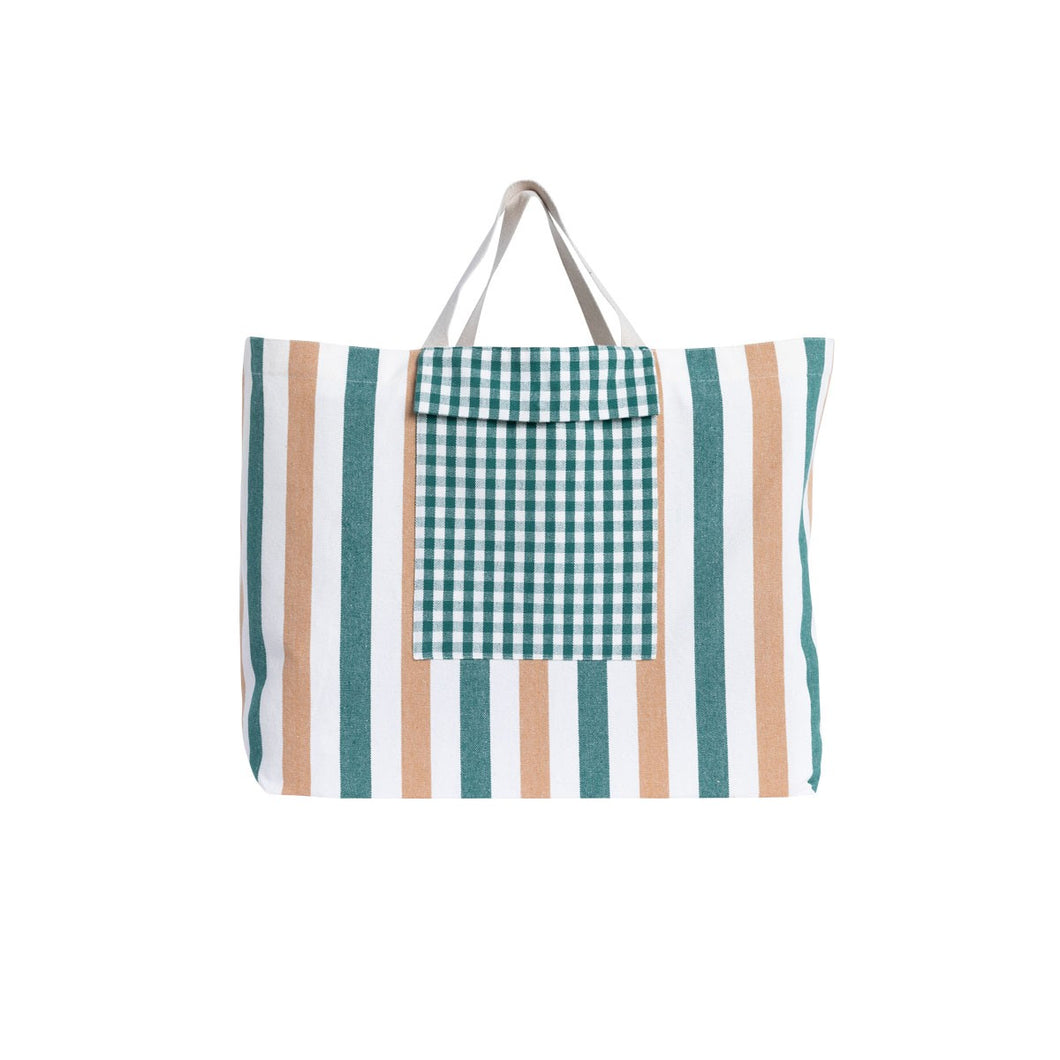 Gabrielle Paris Cotton Beachbag | Stripe + Gingham Green